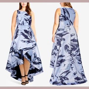 NWT $299 Adrianna‎ Papell [ PLUS 16W ] Floral Jacquard High-Low Gown Blue #Q137